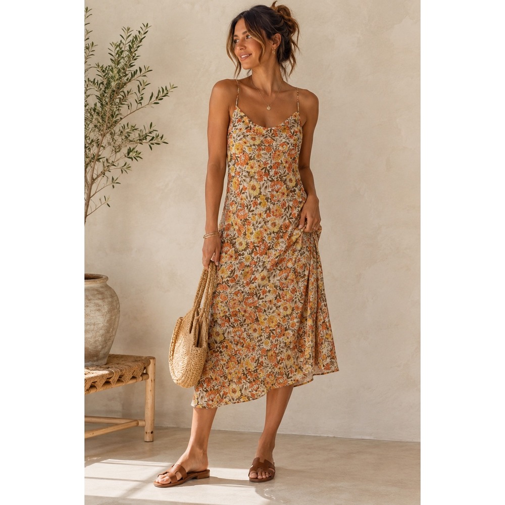 Audrey 3+1 Floral Cowl Neck Midi Slip Dress Orange Yellow Small